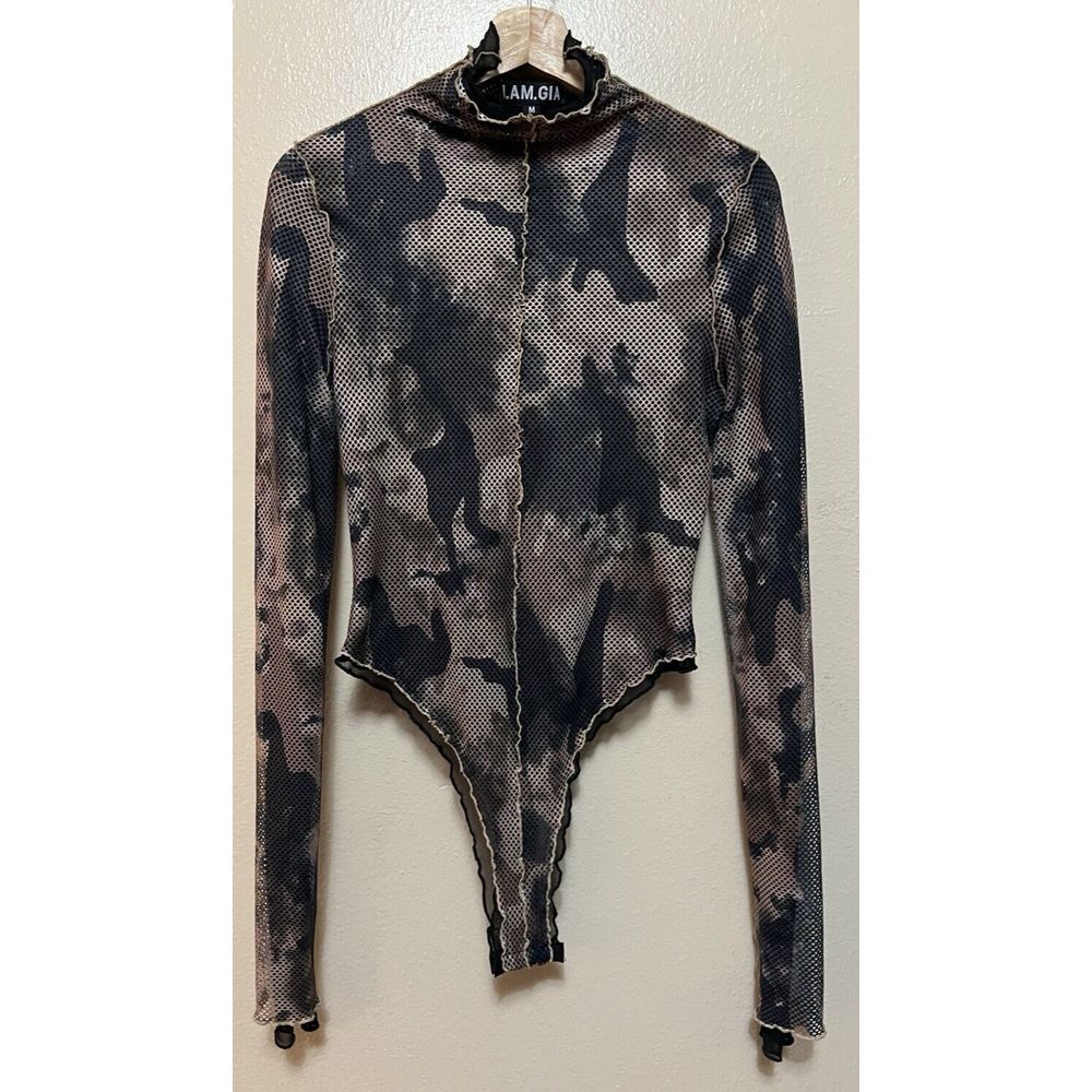 I.AM.GIA Elara Mesh Mock Neck Camo Goth Modern Edgy‎ Pink Gray Black Bodysuit M